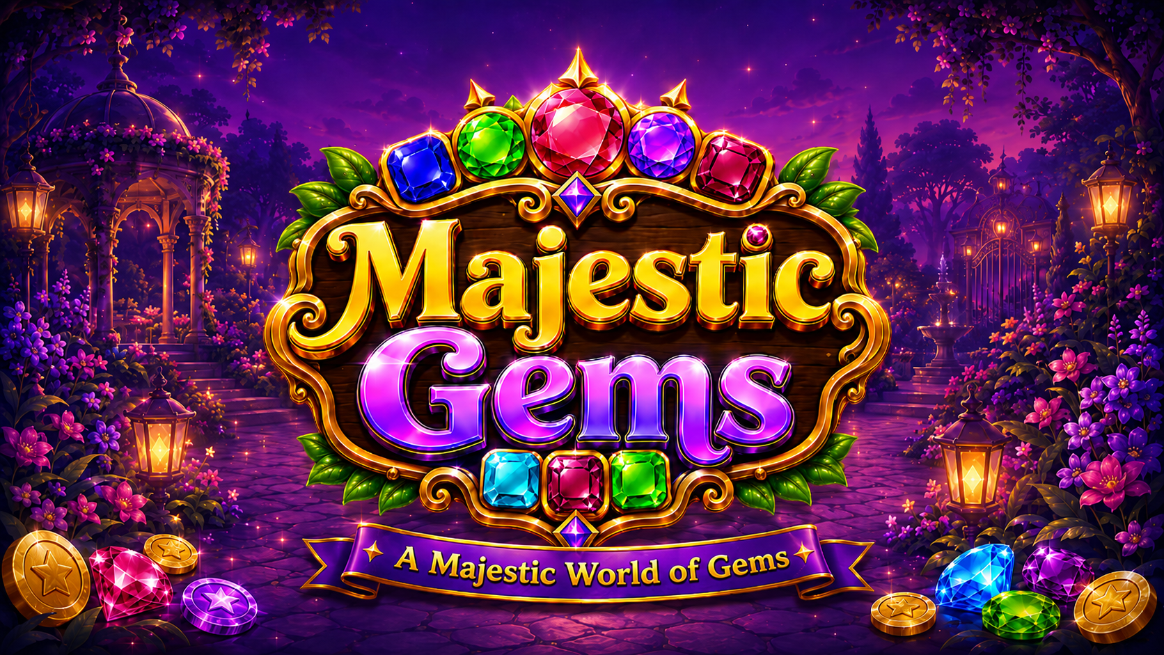 Majestic Gems in a glowing enchanted garden filled with colorful jewels